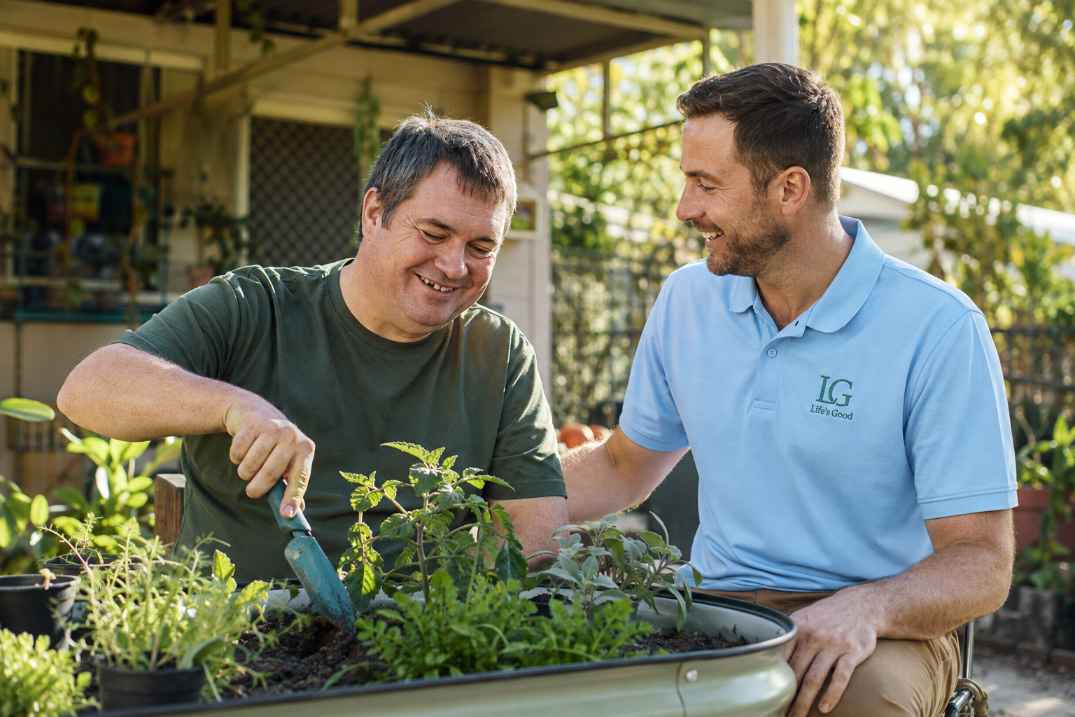 A Life's Good worker gardening with an older male client