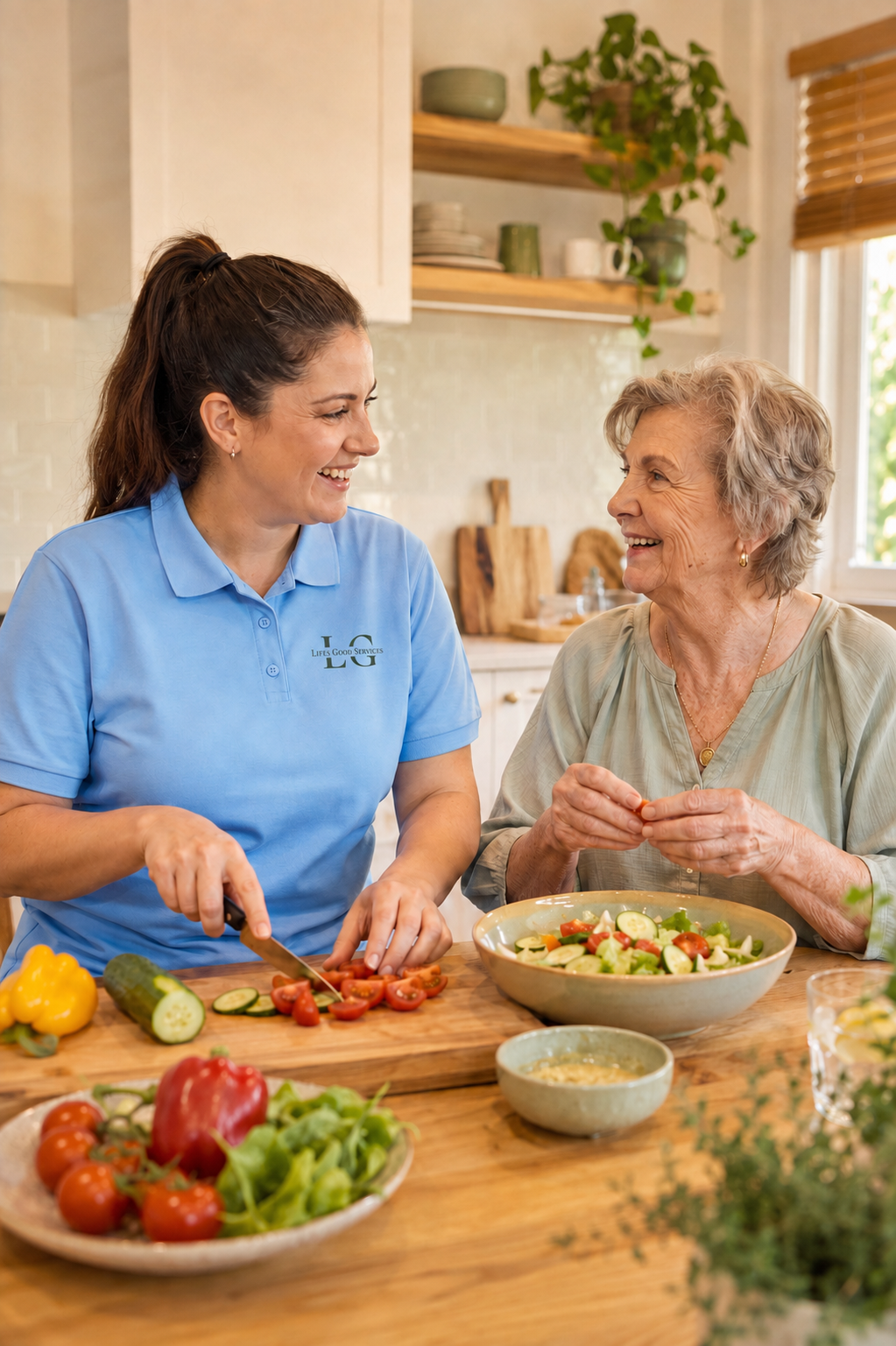 A Life's Good worker and older client preparing a meal together at home