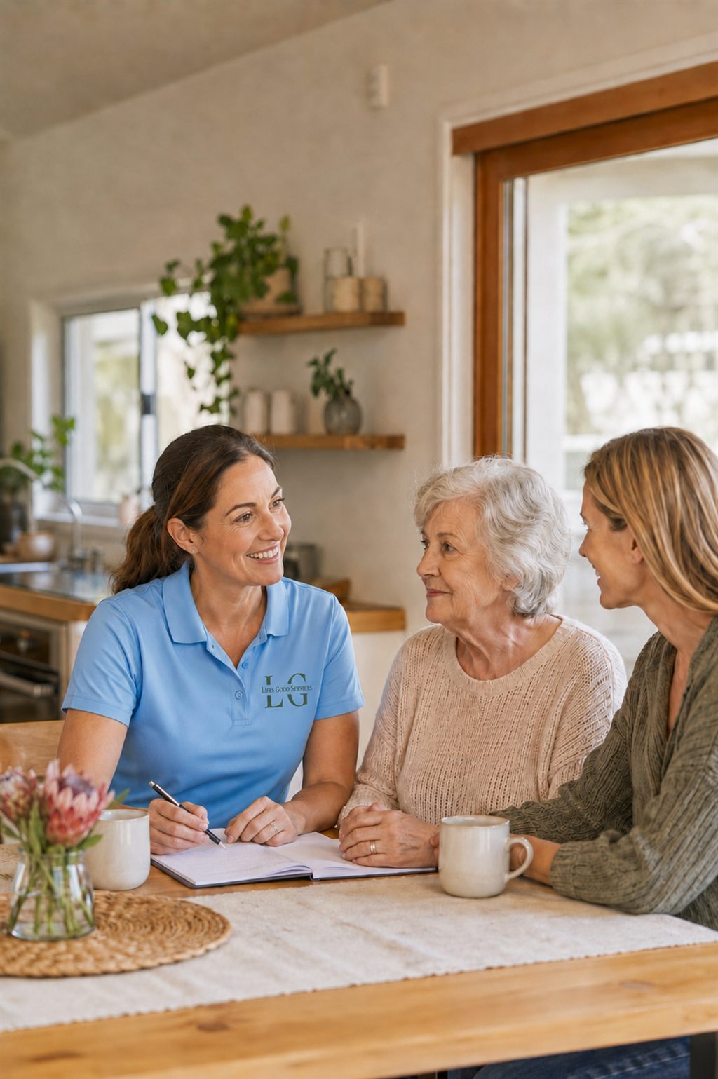 A Life's Good support worker talking with an older client and family about support in Mannum