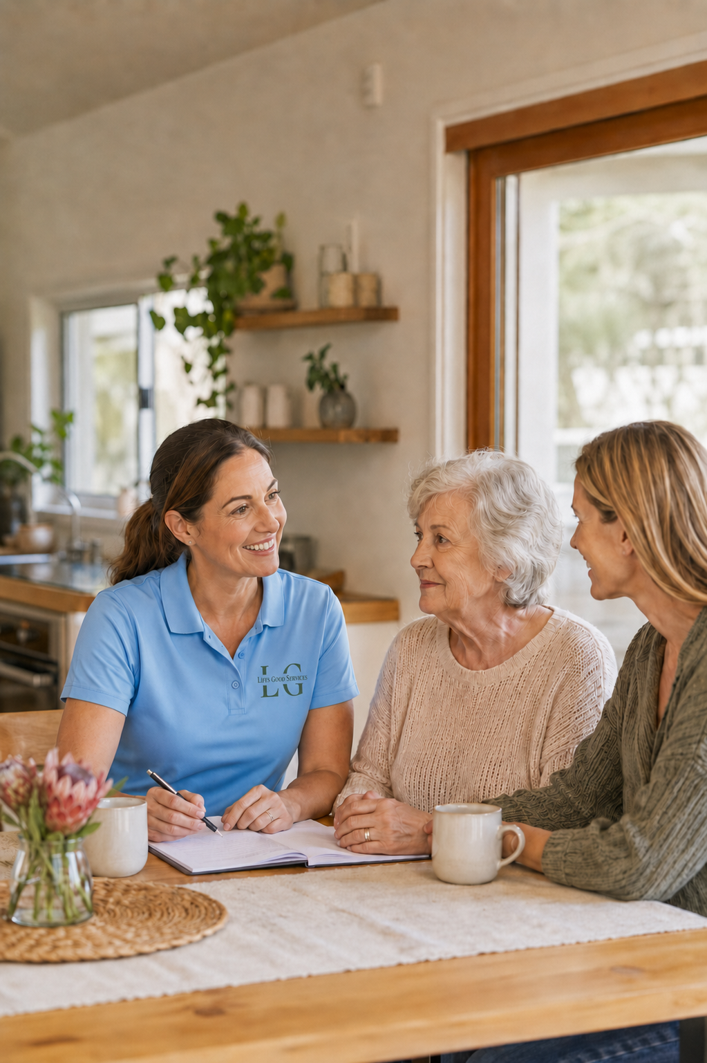 A Life's Good team member having a warm conversation with a client and her family