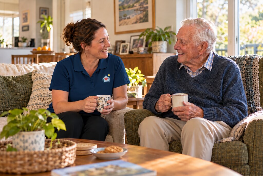 Support worker and older man sharing a relaxed conversation over tea at home