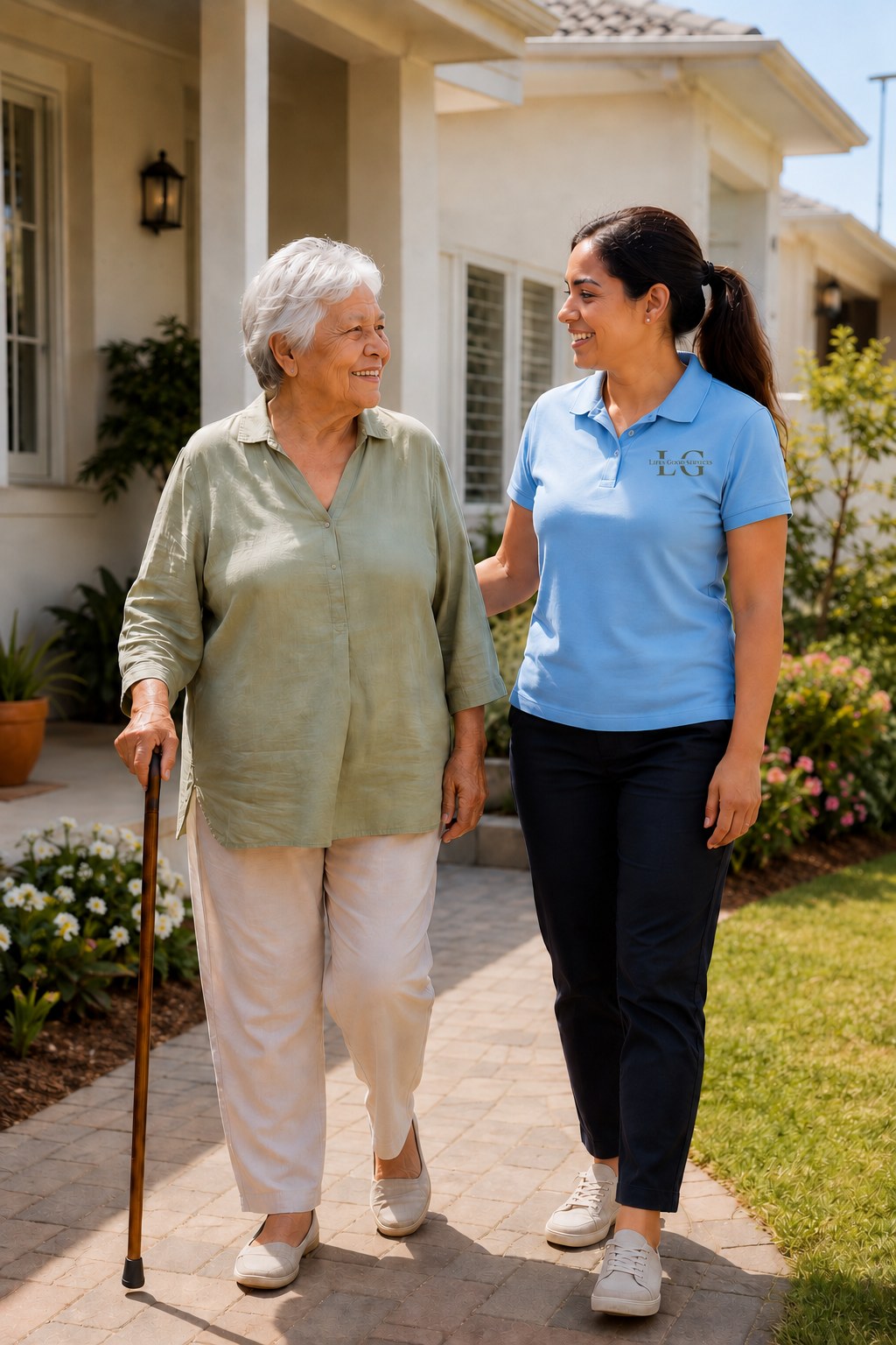 Support worker walking with an older client outside her home
