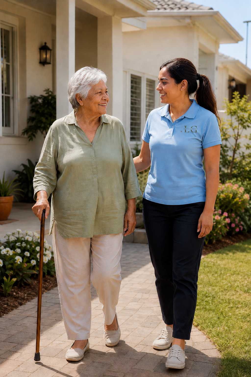 Support worker walking with an older client outside her home